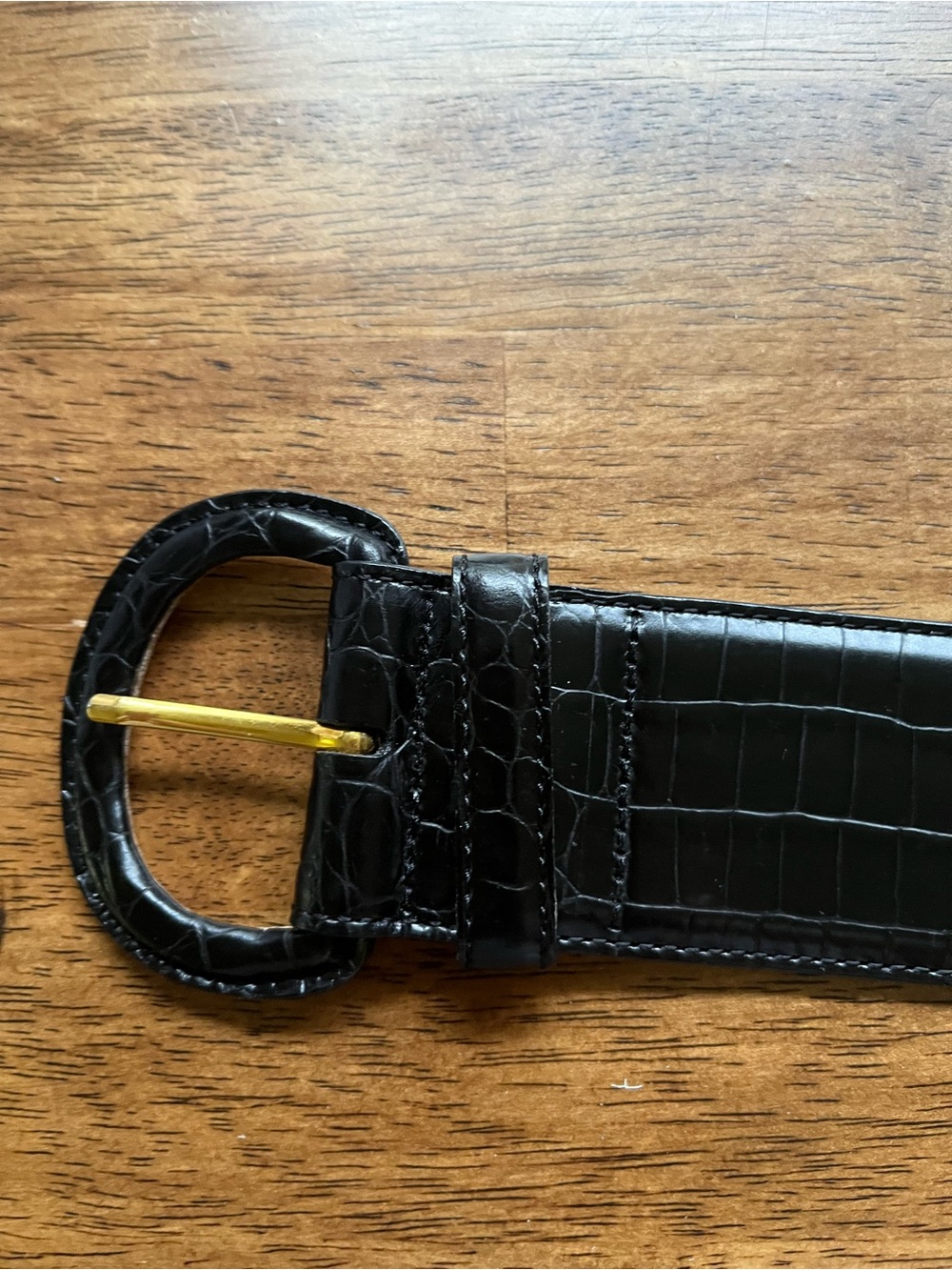 Talbots Black Croc-Embossed Leather Belt with Gold Buckle